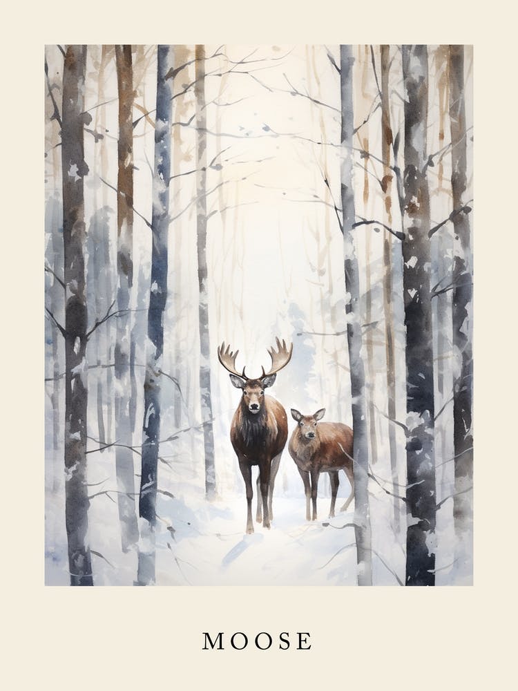 Winter Watercolour Moose 4 Poster