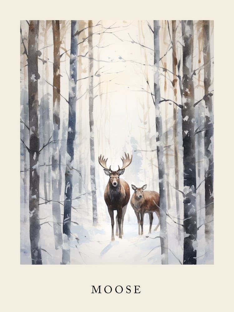 Winter Watercolour Moose 4 Poster