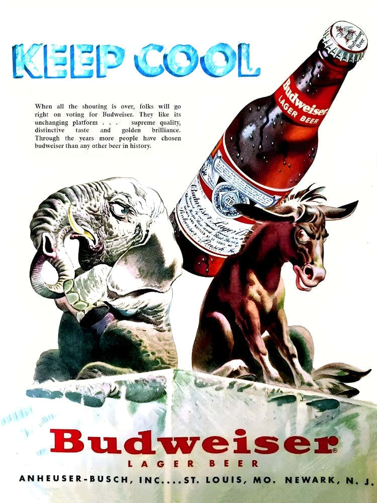 Keep Cool, Elephant and Donkey, Badwiser, Beer, Funny Vintage Advertising Poster