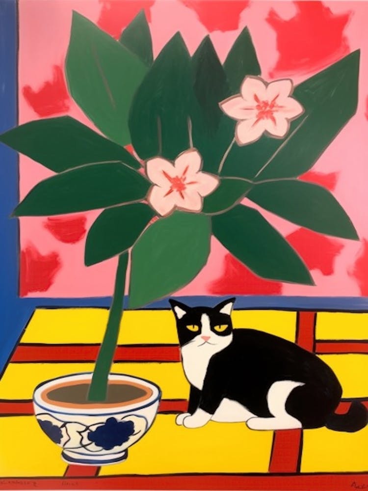 A Painting Of A Still Life Of A Camellia With A Cat In The Style Of Matisse  1