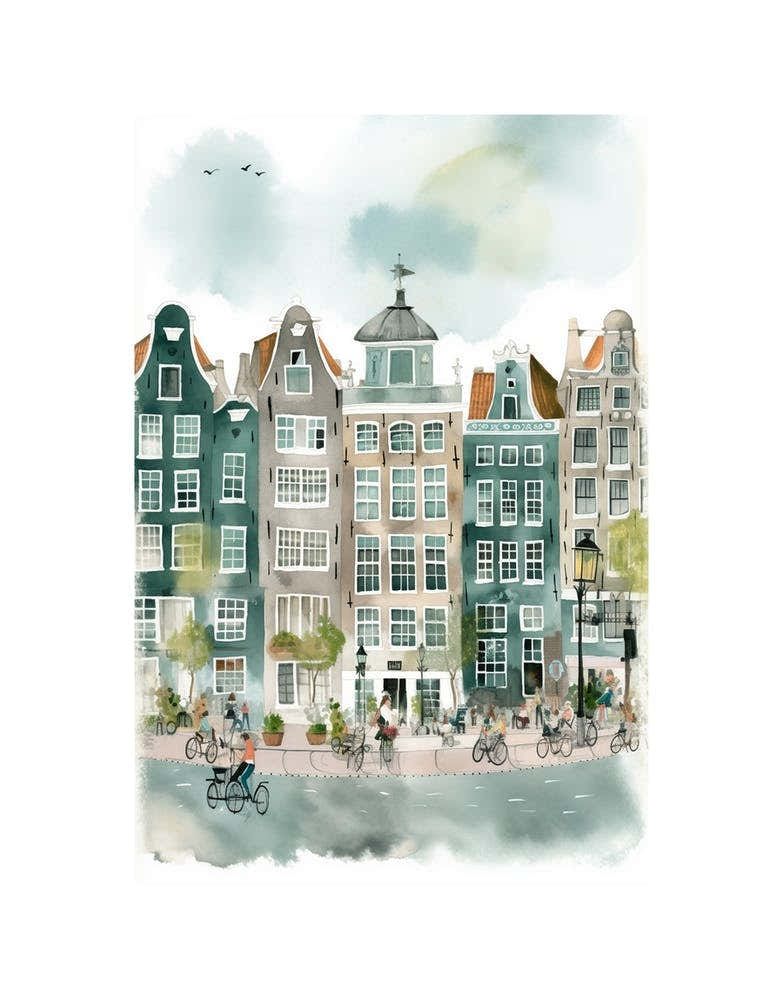Amsterdam Houses Green Watercolour