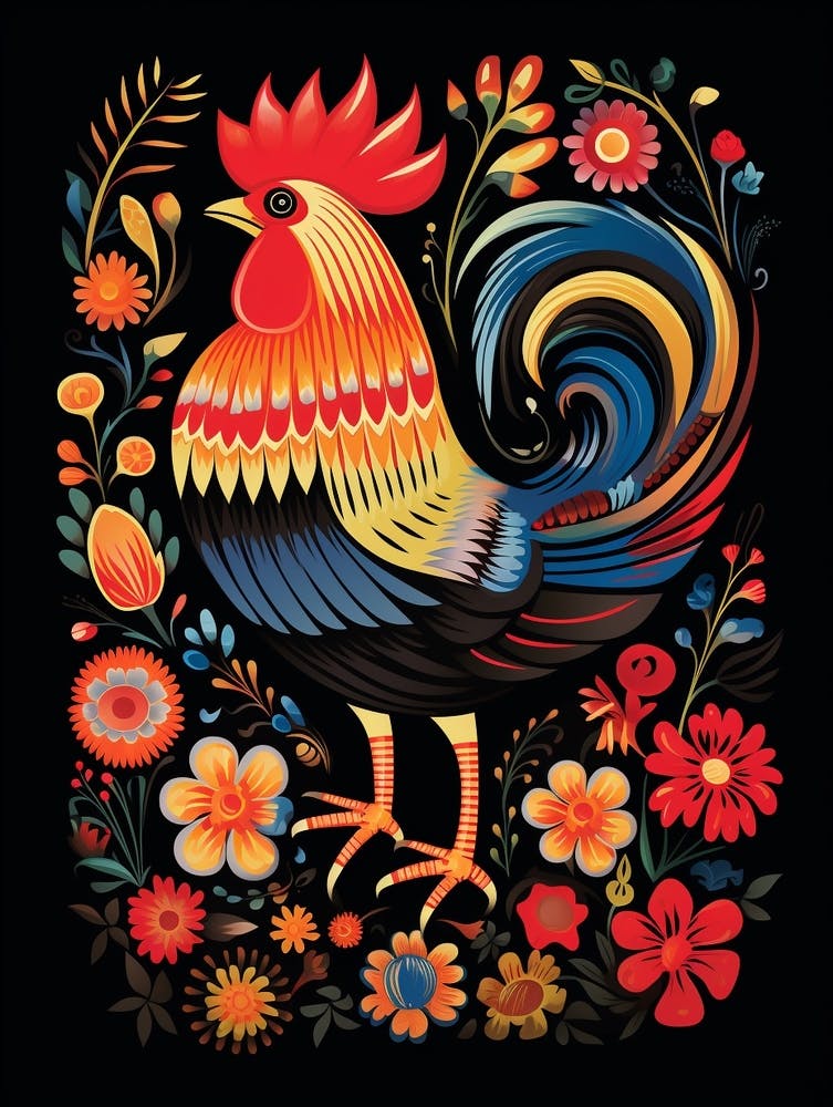 Folk Bird Illustration Rooster 1