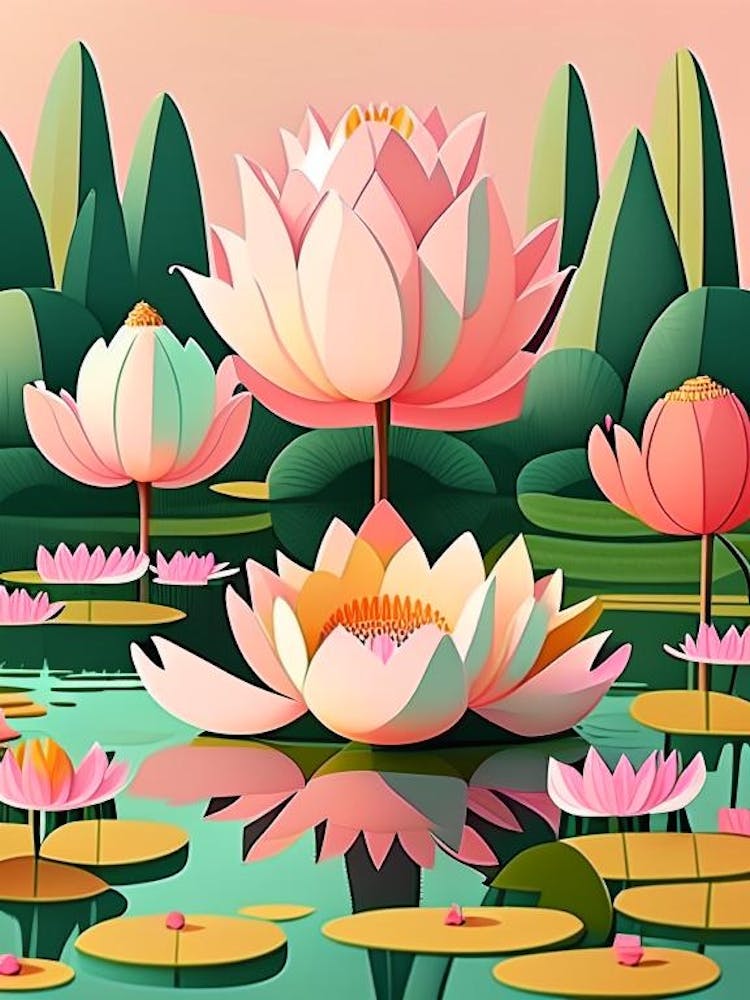 Lotus Flowers In Park Scandi Cartoon 4