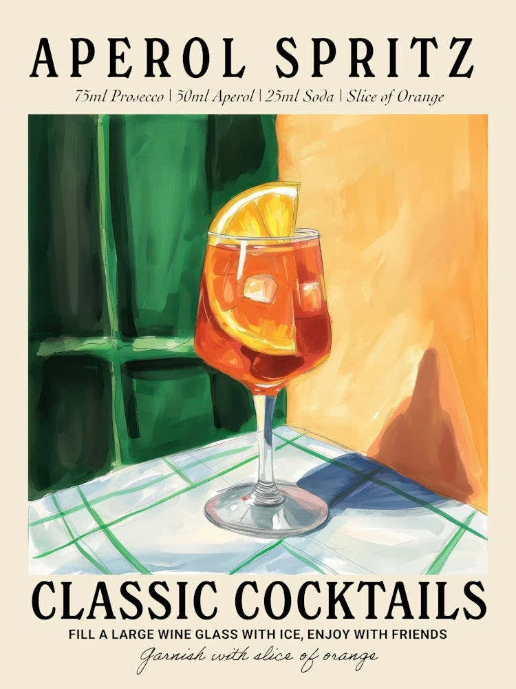 Aperol Spritz Cocktail Recipe Vintage Kitchen Illustration