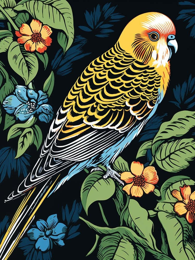 Vintage Bird Linocut Budgerigar 3
