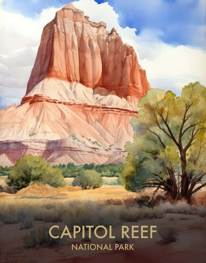 Capitol Reef National Park Watercolour Vintage Travel Poster 2