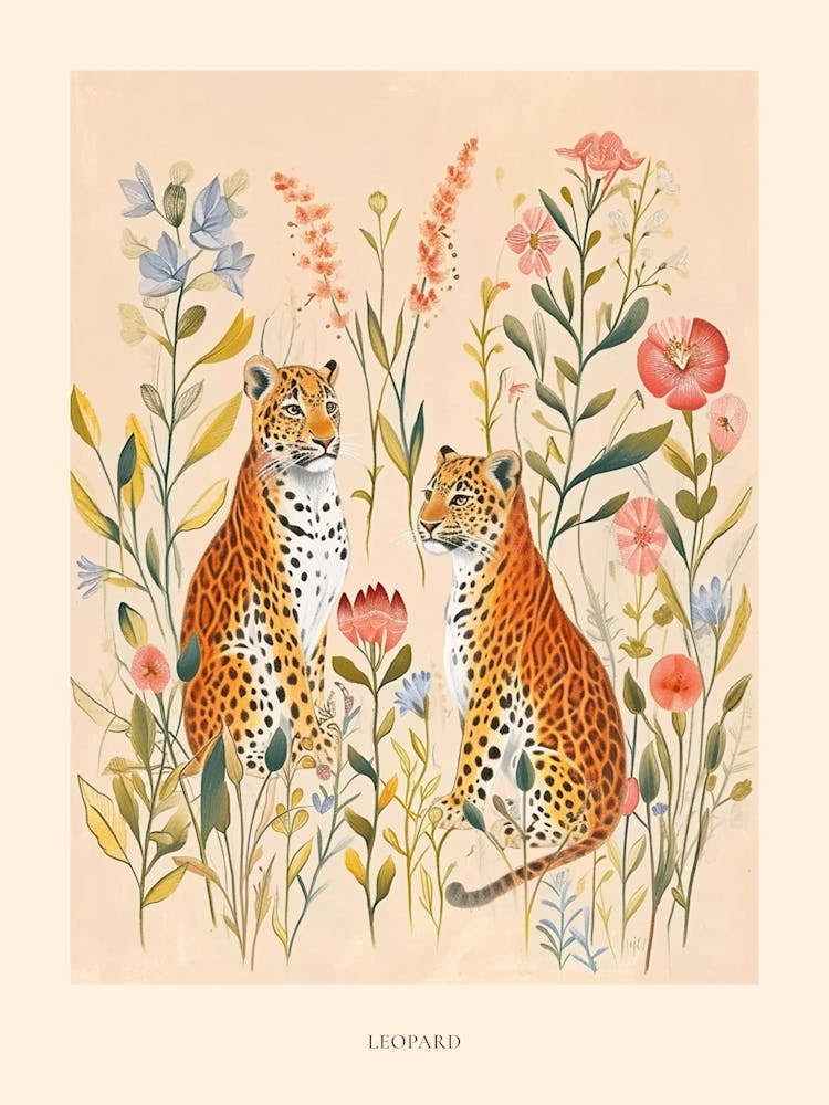 Folksy Floral Animal Drawing Leopard Poster