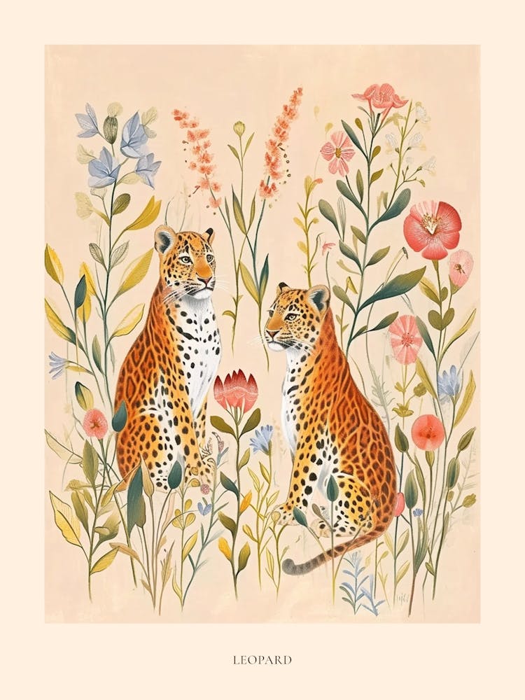 Folksy Floral Animal Drawing Leopard Poster