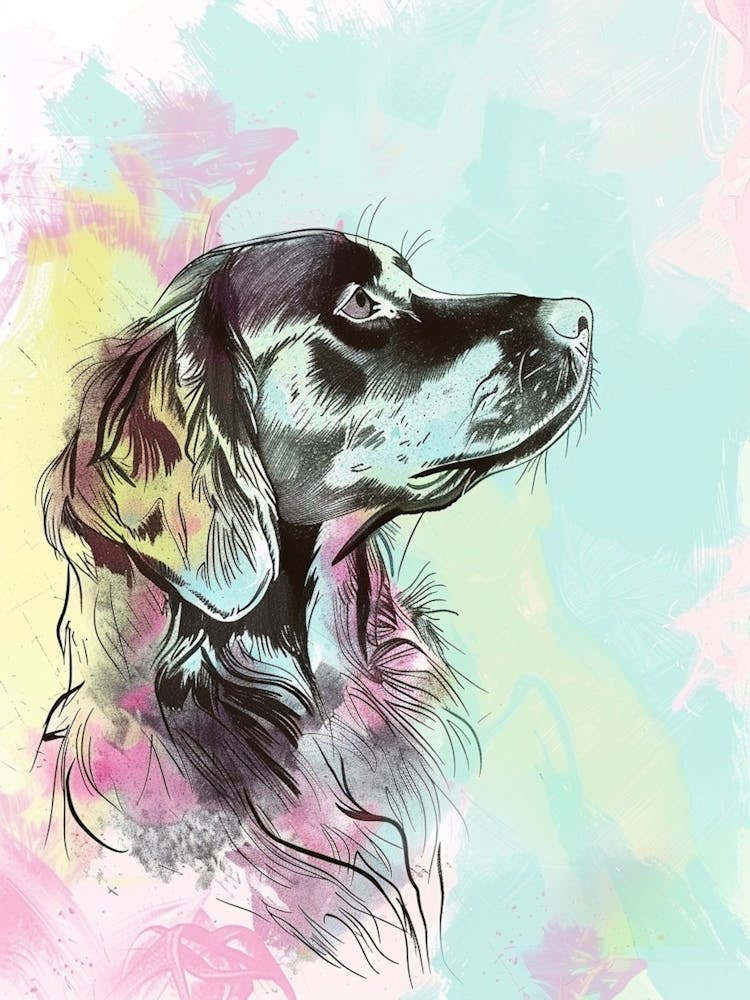 Flat Coated Retriever Dog Pastel Line Watercolour Illustration  2