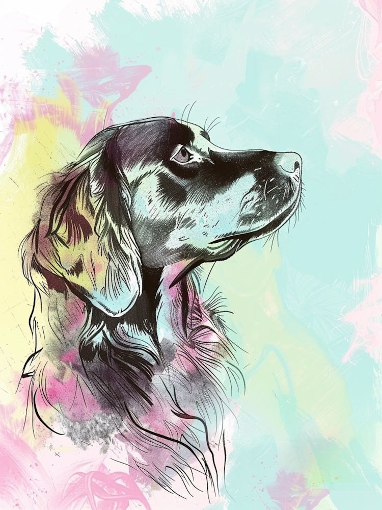 Flat Coated Retriever Dog Pastel Line Watercolour Illustration  2