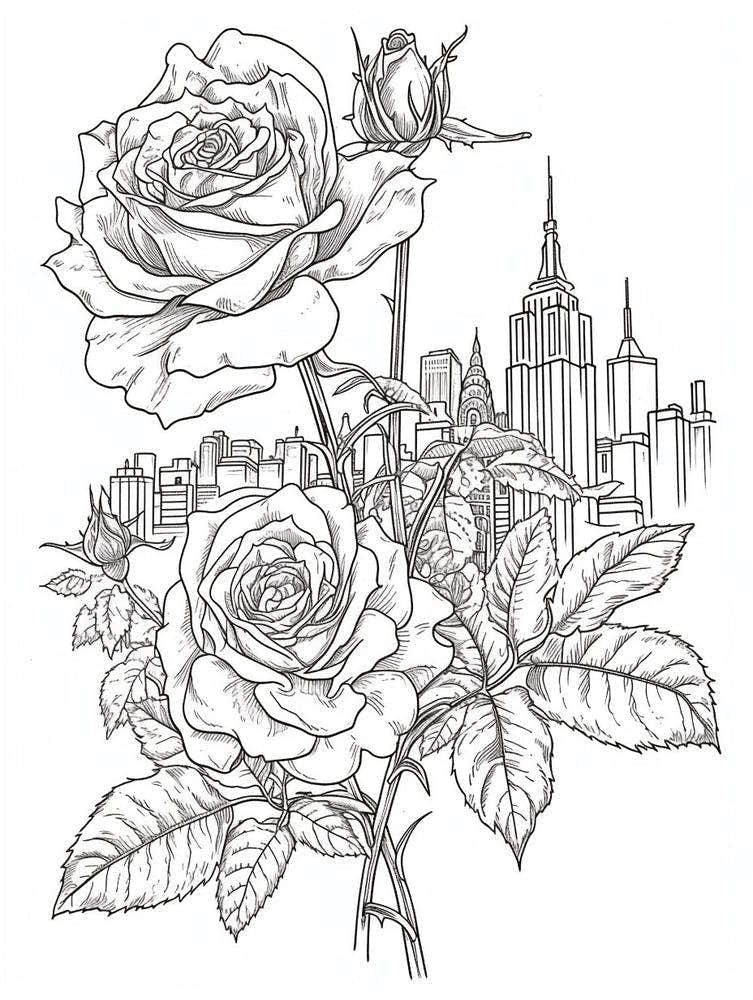 Rose Cityscape Line Drawing 4
