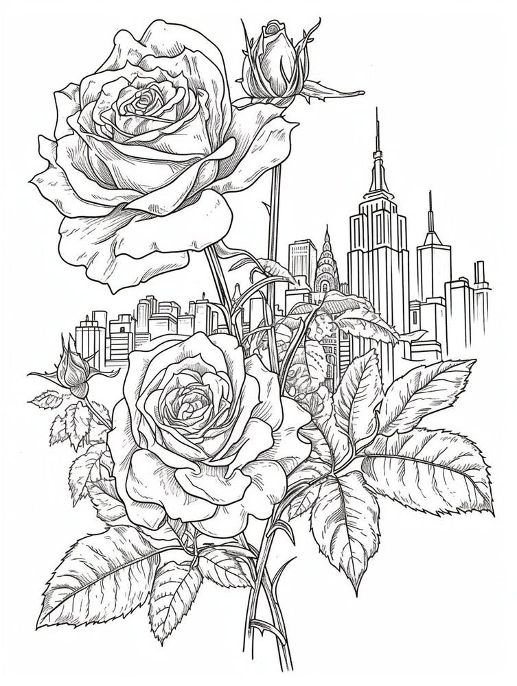 Rose Cityscape Line Drawing 4