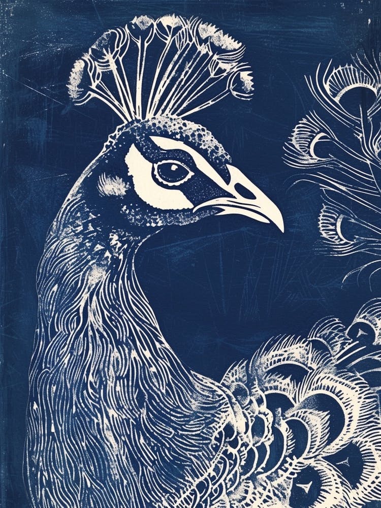 Blue Linocut Inspired Peacock Portrait 3