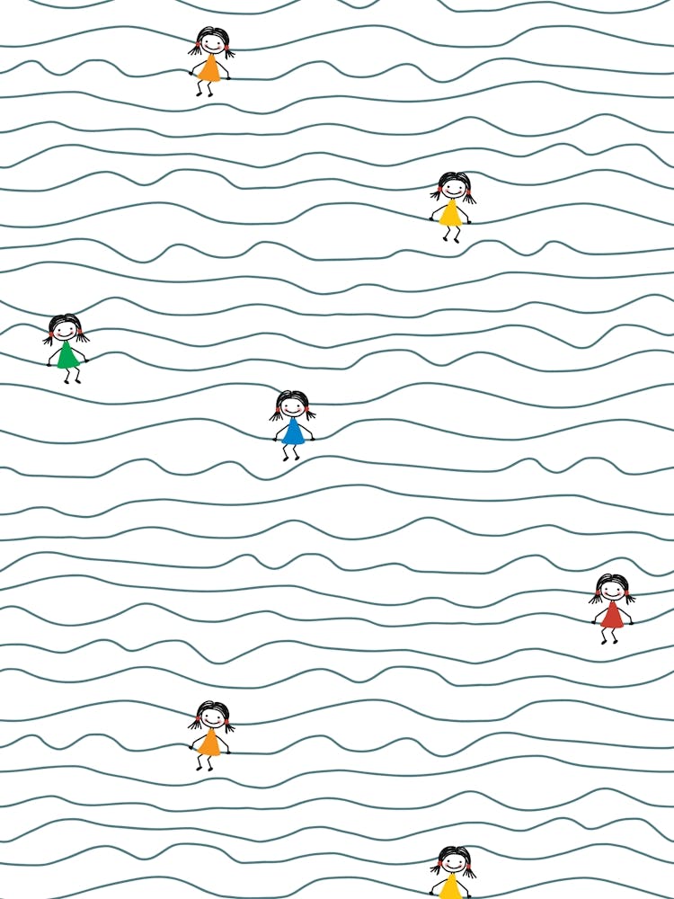 Rainbow Doodle Girls Stick Figures on Wavy Lines