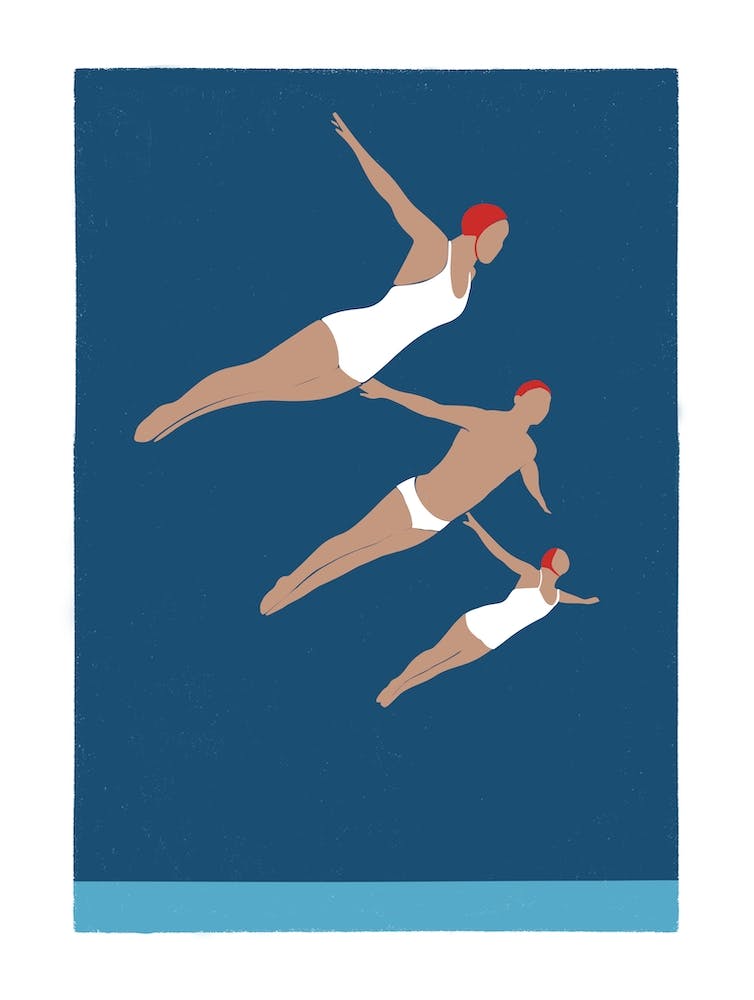 Art Deco style diving women threesome in navy