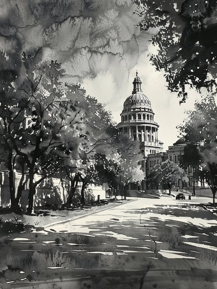 The Texas State Capitol Austin Texas Black And White Watercolour 1