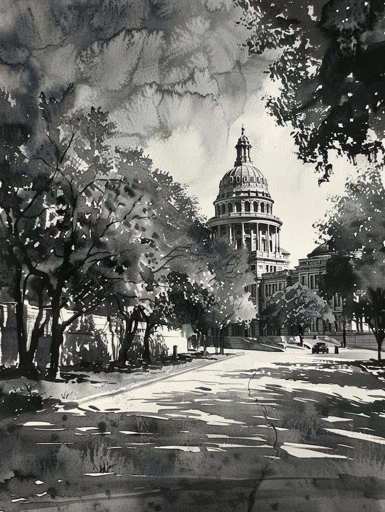 The Texas State Capitol Austin Texas Black And White Watercolour 1