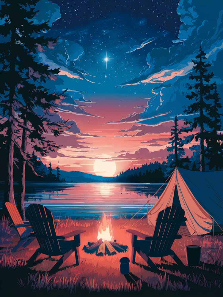 Anime Canvas Art: Tranquil Lakeside Sunset with Glowing Campfire, Vibrant Orange and Blue Sky with Twinkling Stars, Perfect for Lofi Nature and Camping Enthusiasts.