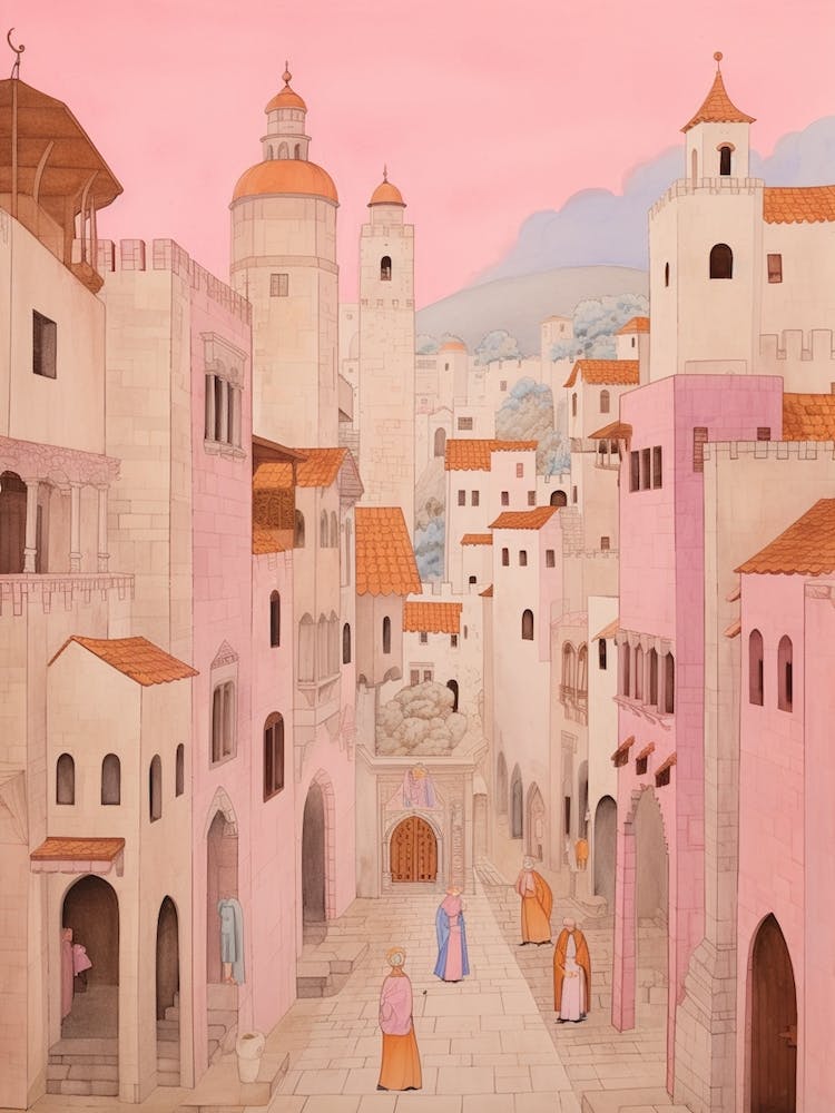 Nazareth Israel 1 Vintage Pink Travel Illustration