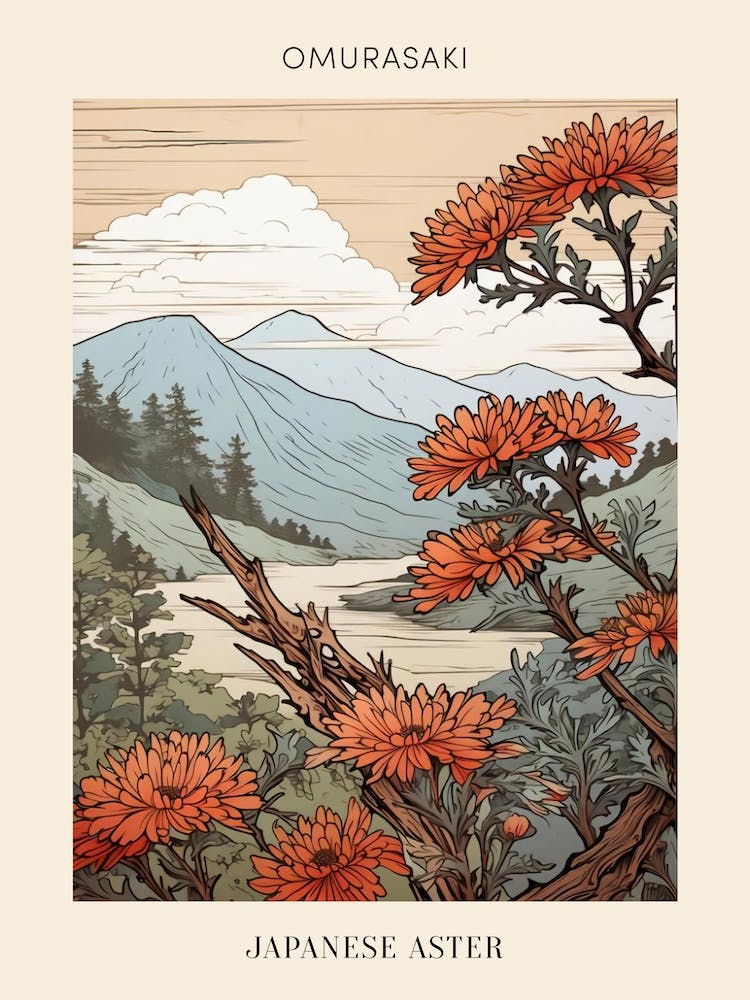 Omurasaki Japanese Aster 2 Japanese Botanical Illustration Poster