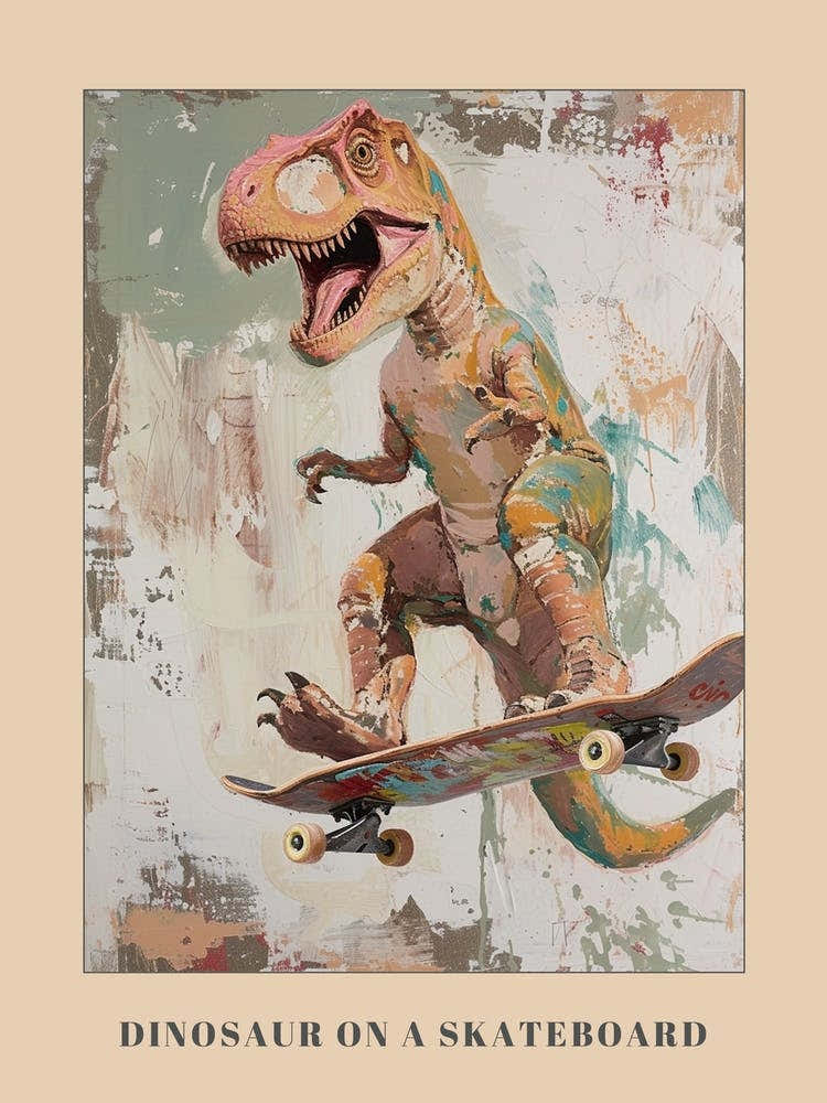 Mustard Tones Dinosaur On A Skateboard 3 Poster