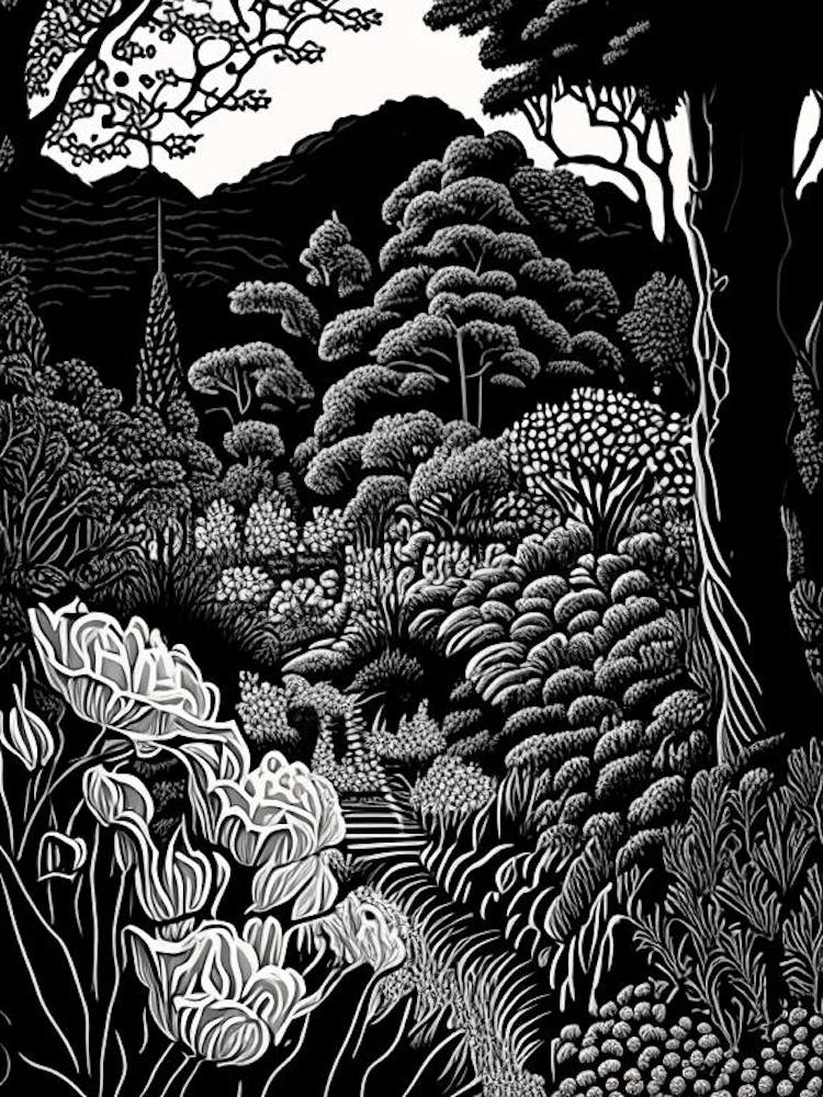 Red Butte Garden, Usa Linocut Black And White Vintage