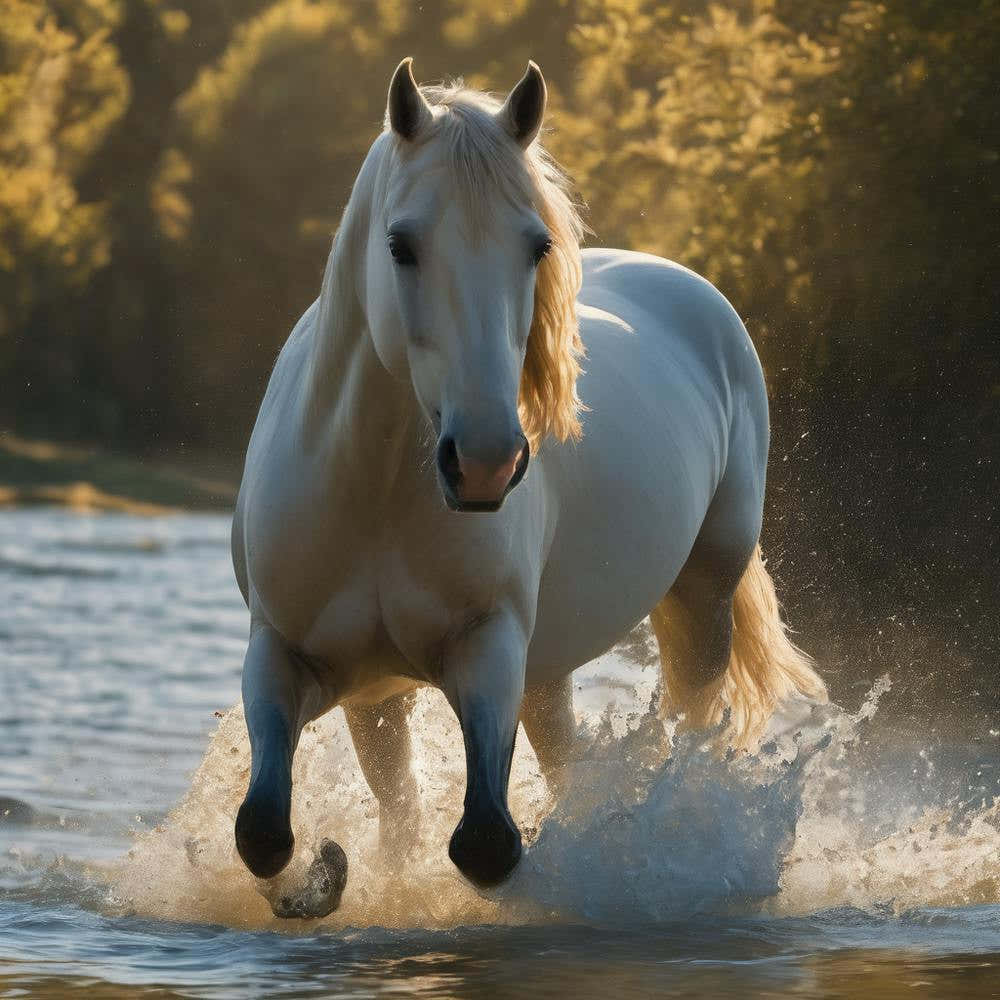White Horse Running In the Water