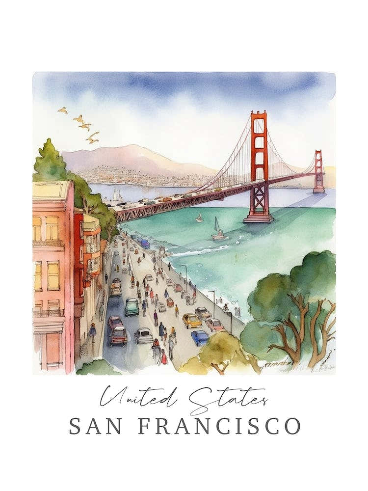 United States San Francisco Storybook 1 Travel Poster Watercolour