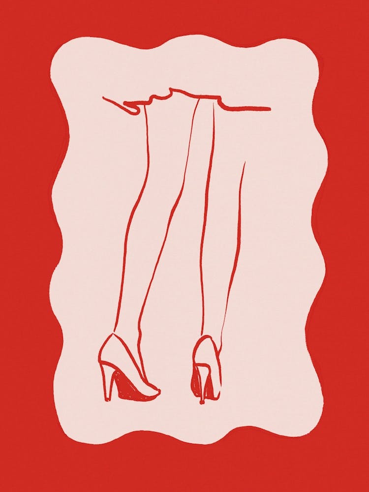 Woman's Legs. Whimsical Pink with Red Line Art. Coquette