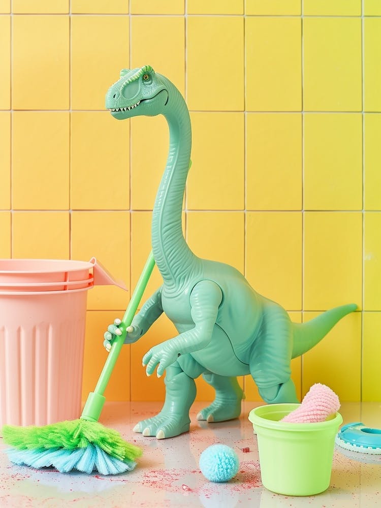 Pastel Toy Dinosaur Mopping Up