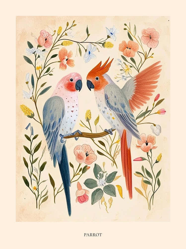 Folksy Floral Animal Drawing Parrot 2 Poster