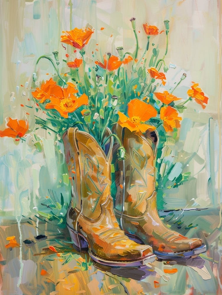 Cowboy Boots And Wildflowers California Poppies