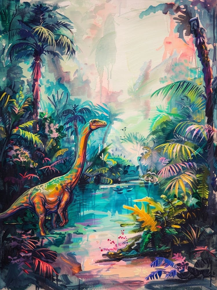 Dinosaur By The River Landscape Painting 3