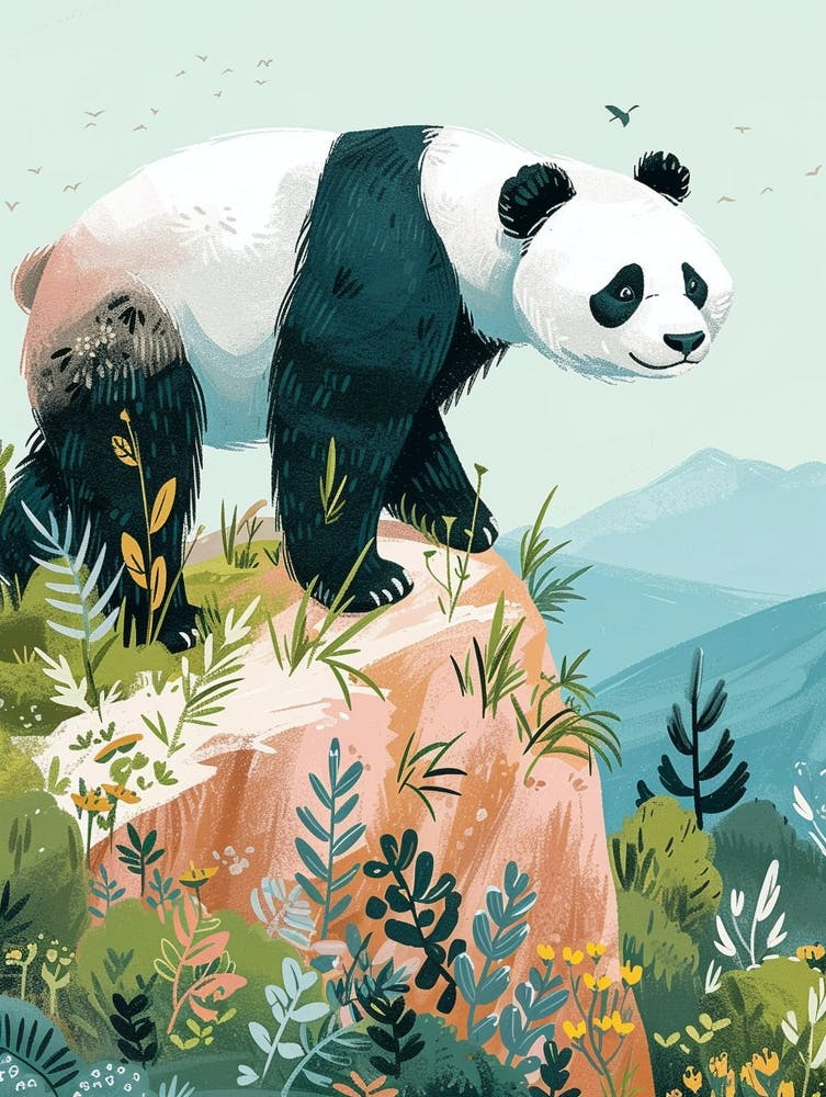 Giant Panda Walking On A Mountrain Storybook Illustration 2