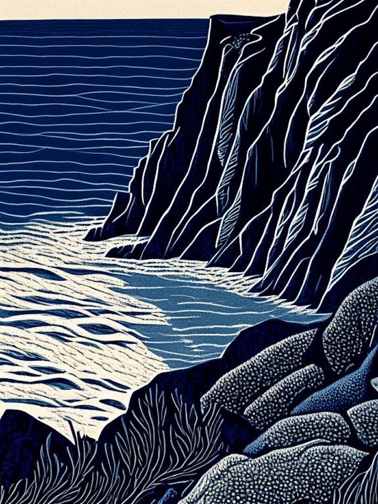 Coastal Cliffs And Rocky Shores Waterscape Linocut 1