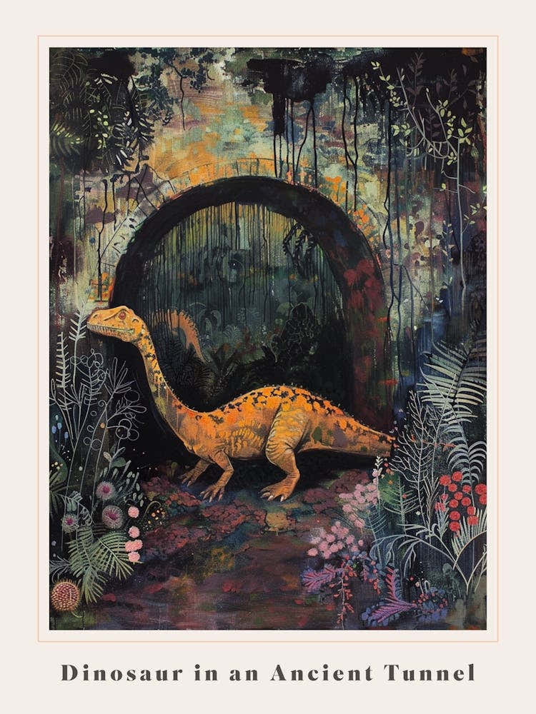 Dinosaur In An Ancient Tunnel Covered In Vines Painting 2 Poster