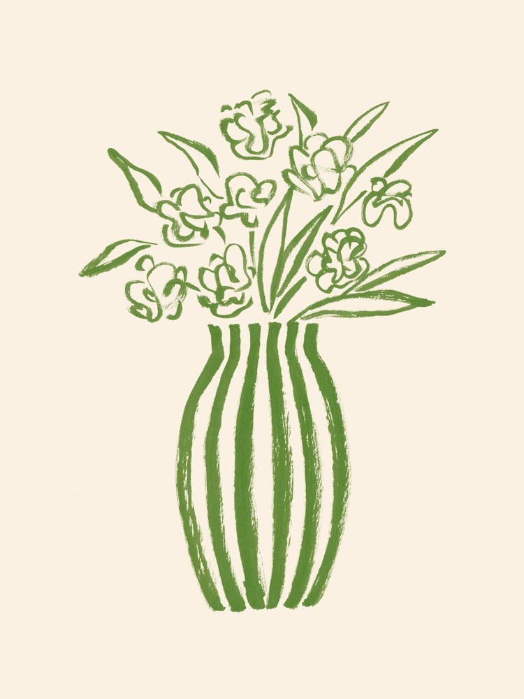 Stripes Flower Vase Floral Still Life Illustration - Forest Green
