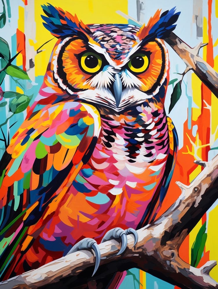 Colourful Bird Painting Great Horned Owl 1