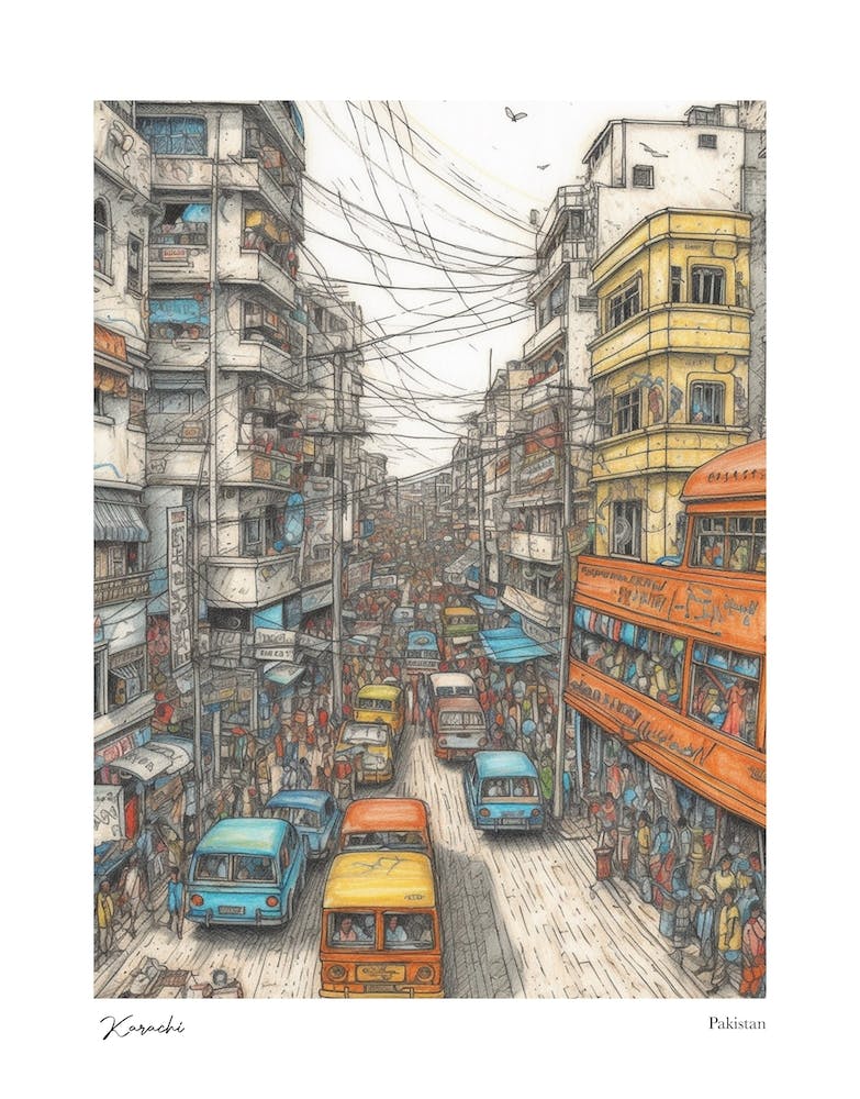 Karachi Pakistan Drawing Pencil Style 3 Travel Poster