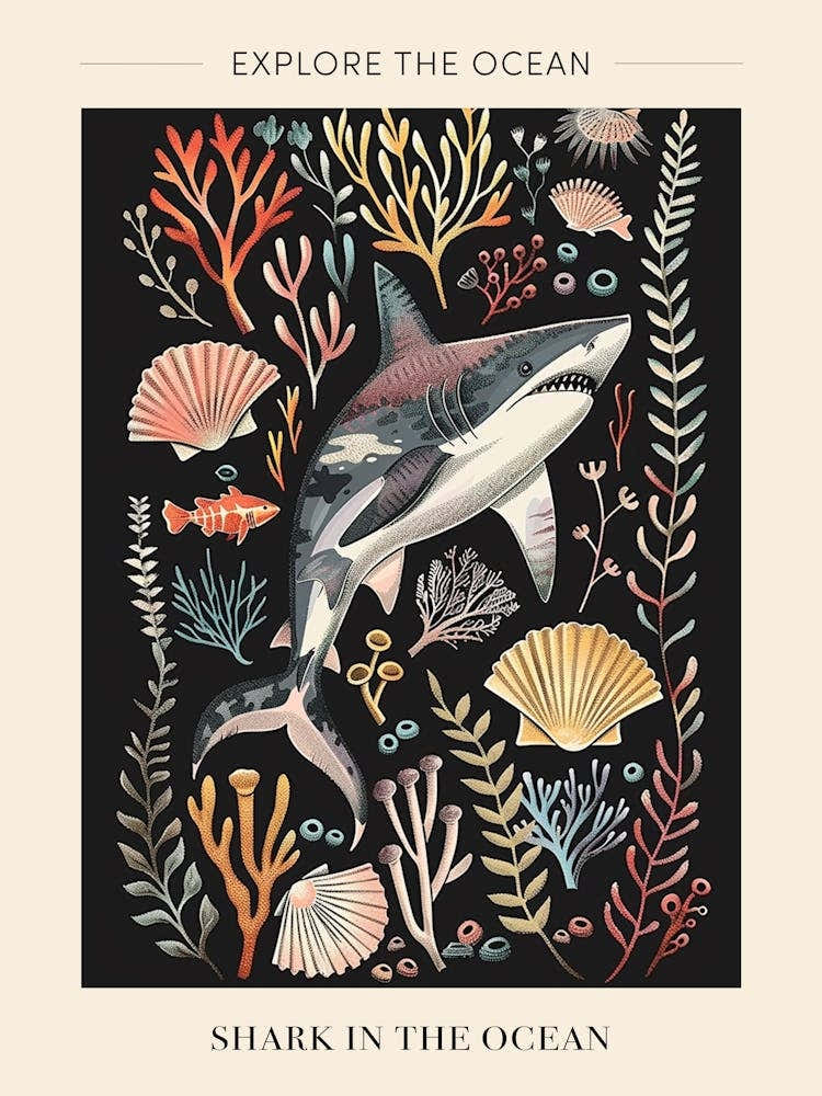 Shark In The Ocean Seascape Black Background Illustration 1 Poster