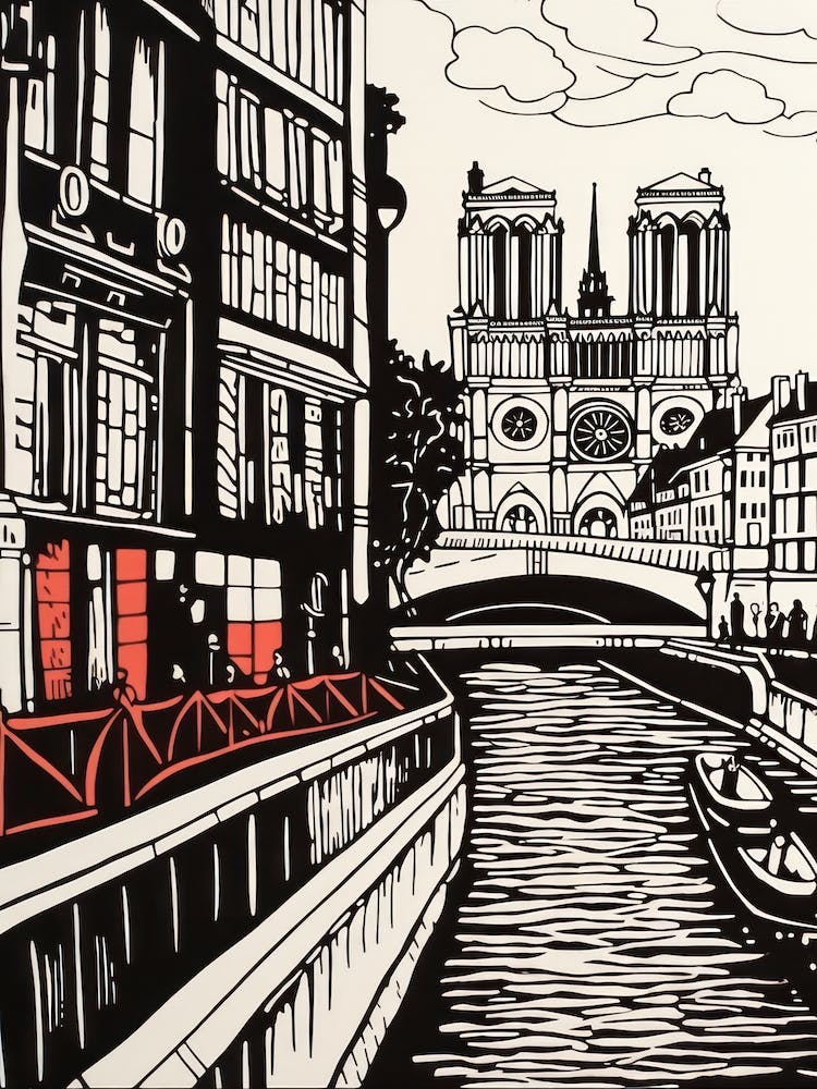 Paris France Linocut Illustration Style 2
