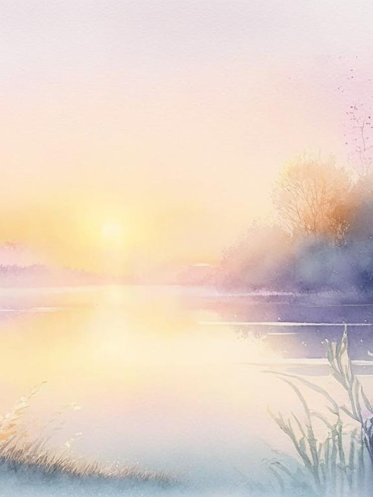 Sunrise Over Lake Waterscape Gouache 2