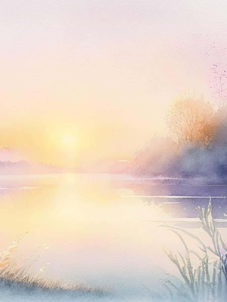 Sunrise Over Lake Waterscape Gouache 2