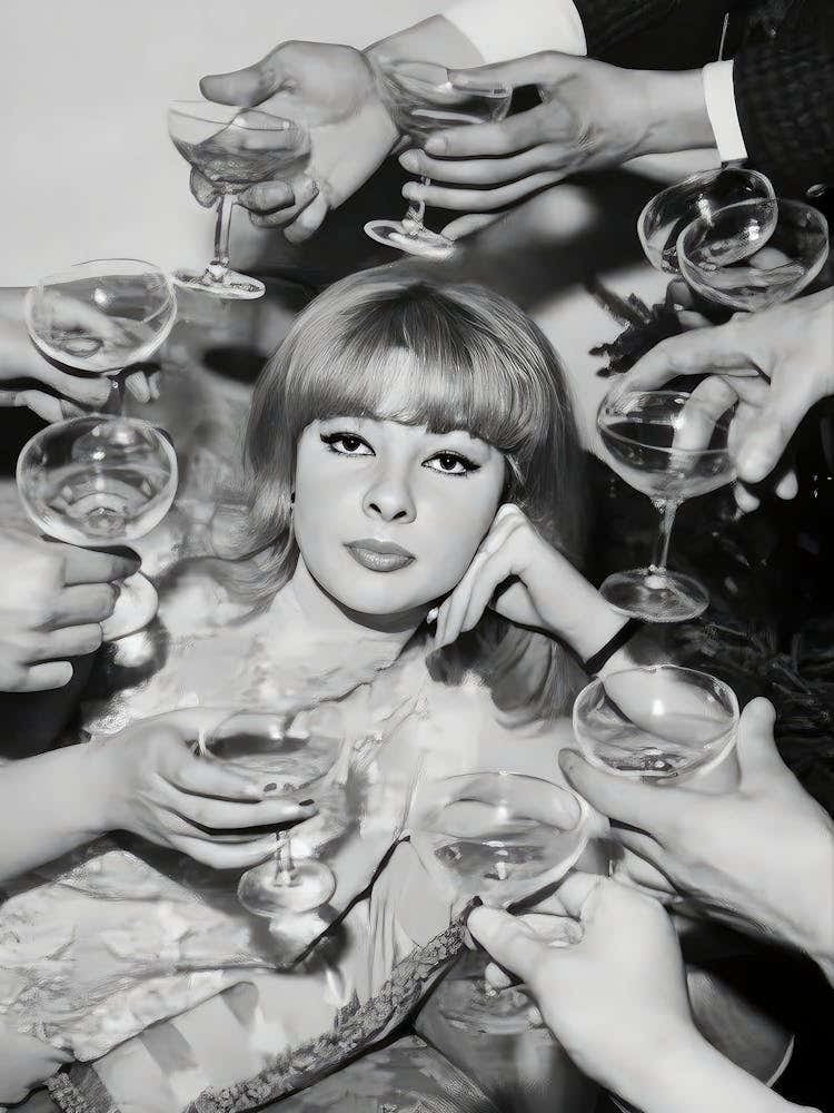 Woman Surrounded By Champagne Wall Art, Black And White Art, Retro Party, Vintage Photo, Funny Alcohol Art, Feminist Poster, Bar Cart Print