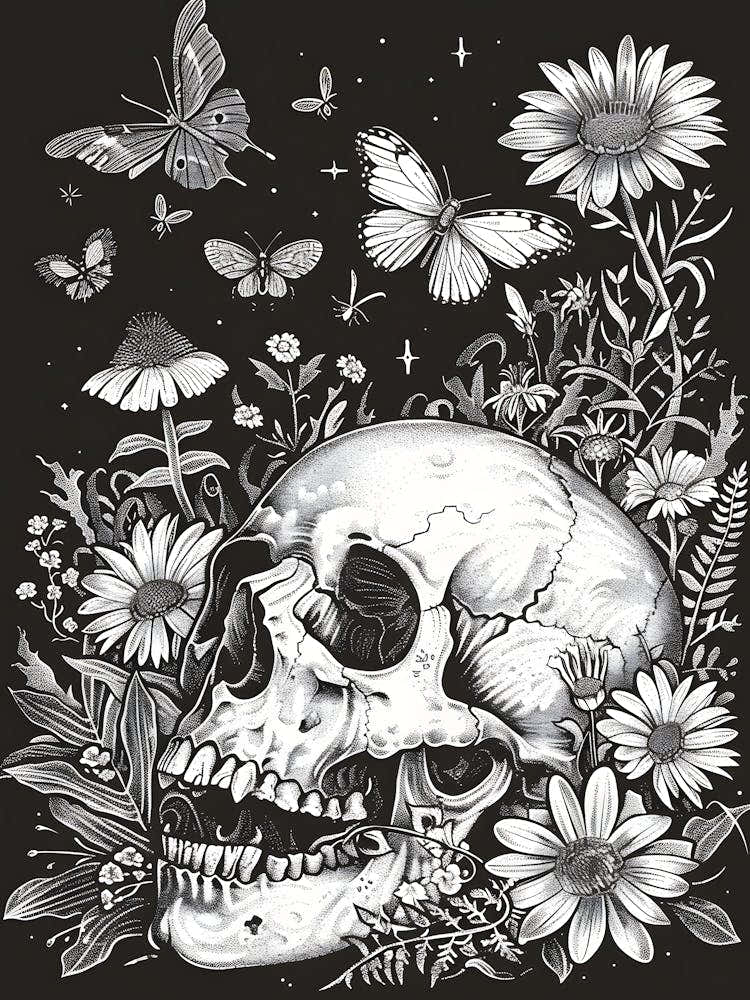 Dark Gothic Skull And Flowers
