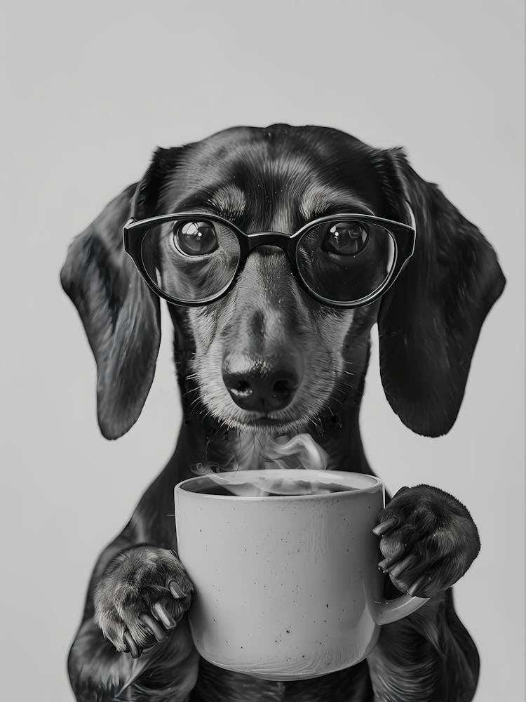 Dachshund Drinking Coffee Wall Art, Black And White Print, Coffee Lover Print, Dog Gift, Funny Dog Poster, Kitchen Wall Decor