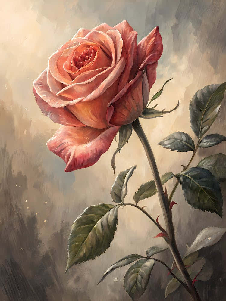 Oil Painting Style Crimson Rose Bloom Elegant Floral Art on Canvas