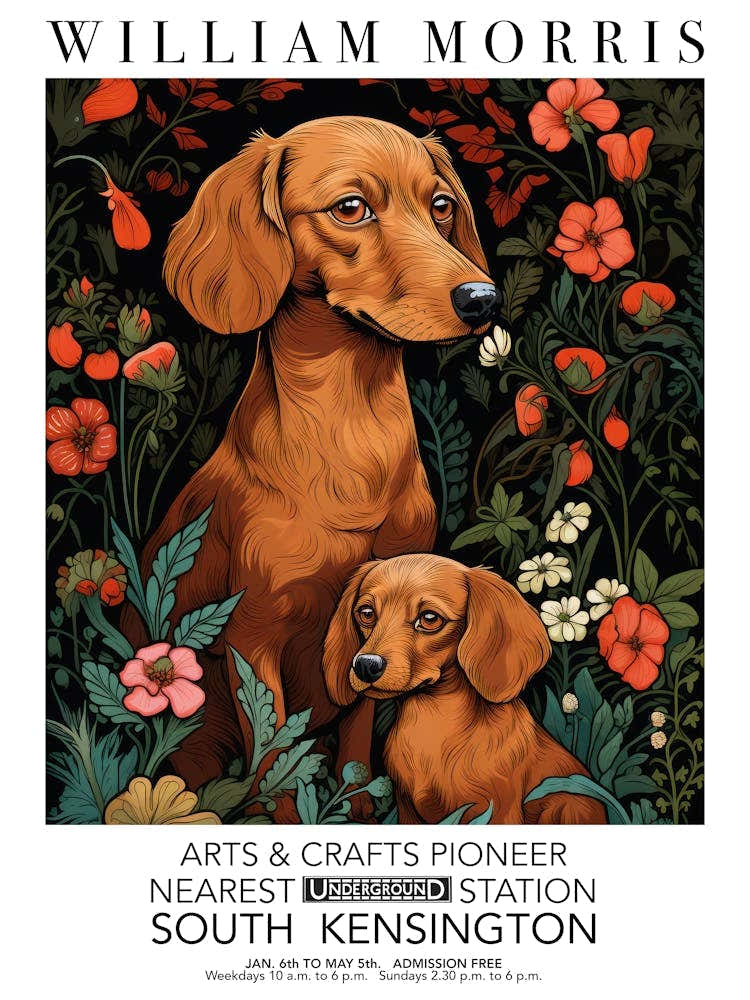 William Morris Print Brown Dog Puppy Portrait Valentines Mothers Day Gift Botanical