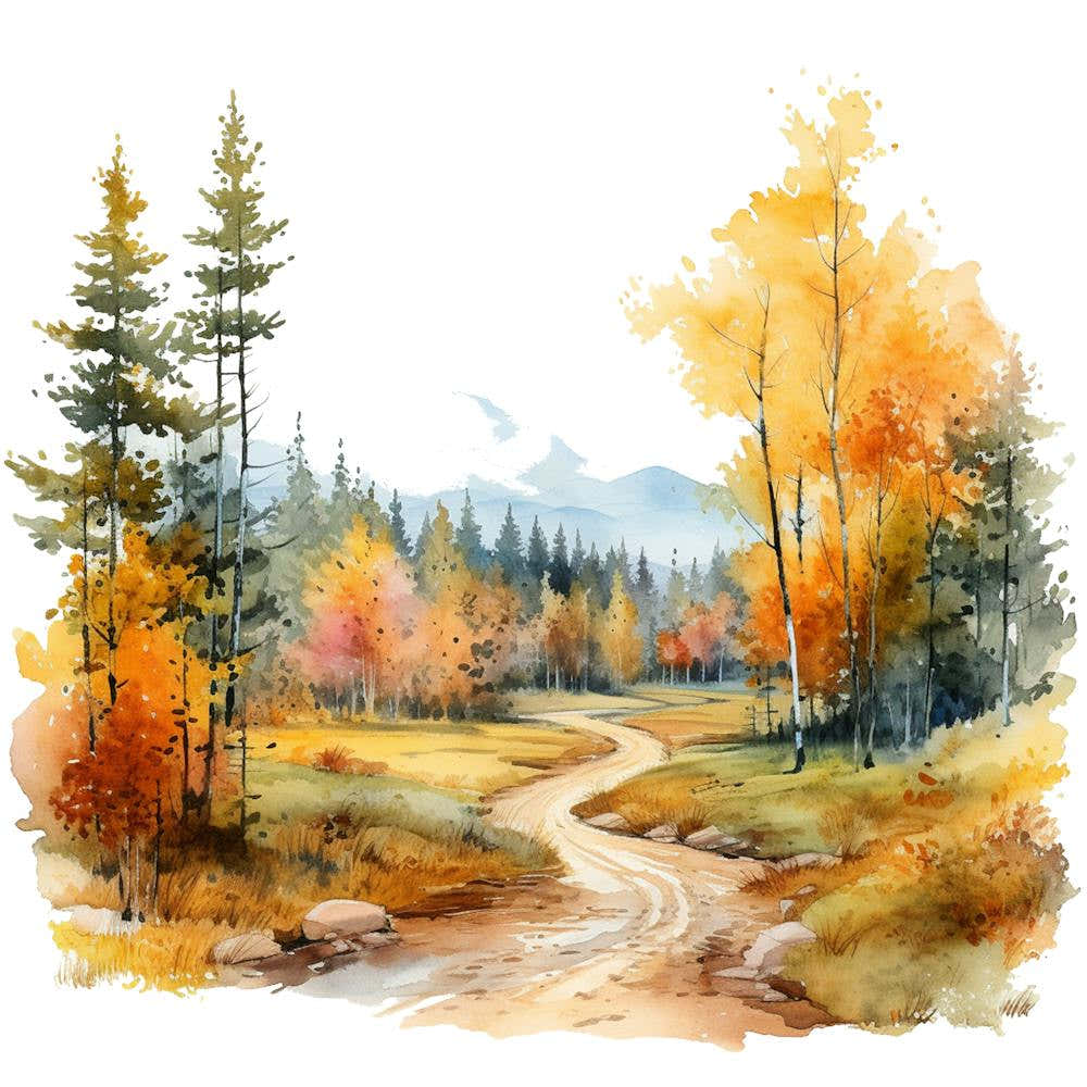 Watercolor Autumn Forest Road