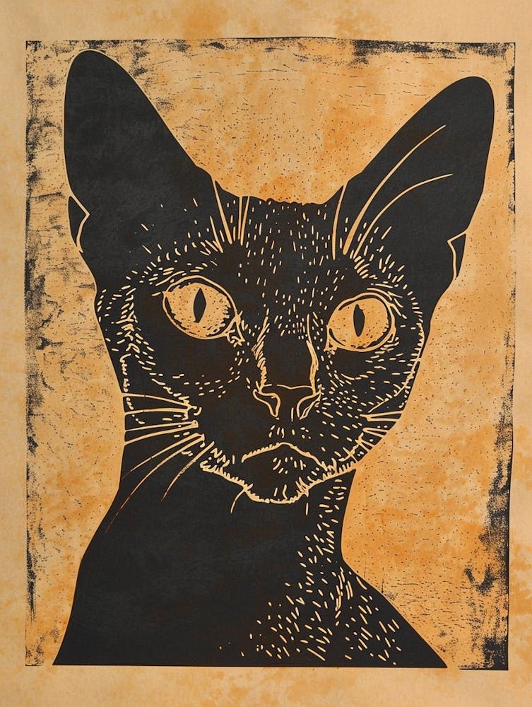 Cornish Rex Cat Linocut Blockprint 1